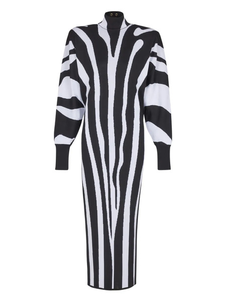  Balmain Zebra-intarsia High-neck Midi Dress - Black 