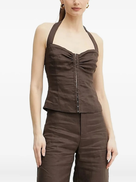  Bardot Halter-neck Smocked Top - Brown 