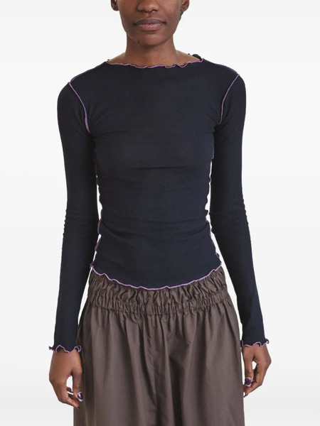  Baserange Ruffled-hem Long-sleeves Top - Blue 