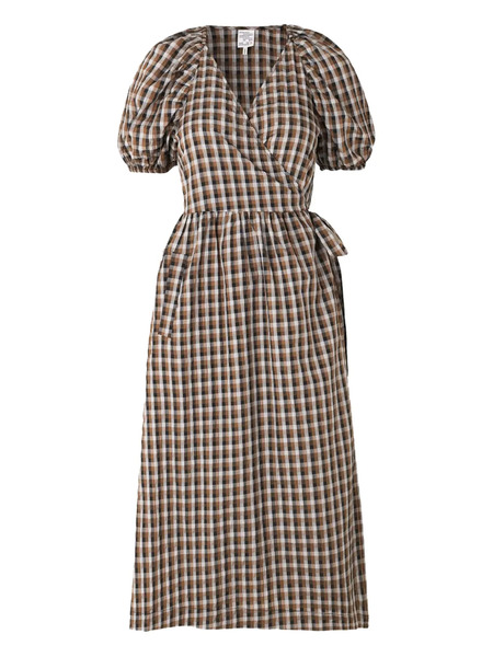  Baum Und Pferdgarten Puff-sleeve Gingham Midi Dress - Brown 