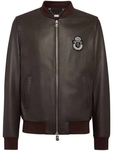  Billionaire Logo-patch Leather Bomber Jacket - Brown 