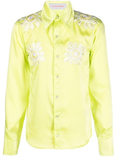  Bluemarble Floral-embroidery Satin Shirt - Green 