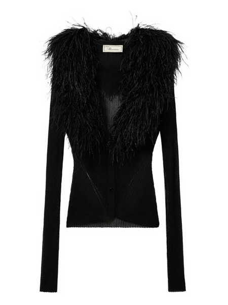  Blumarine Feather-collar Cardigan - Black 