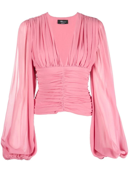  Blumarine Ruched V-neck Silk Blouse - Pink 