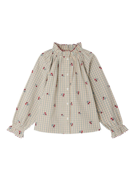  Bonpoint Checked Cherry-motif Blouse - Blue 