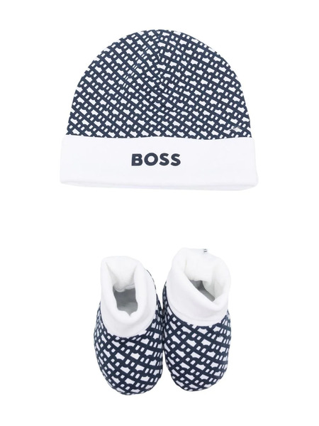  Boss Kidswear Monogram-print Beanie Hat Set - Blue 