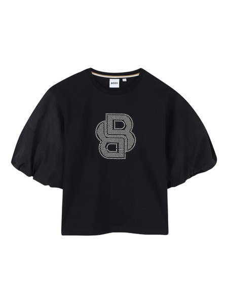  Boss Kidswear Rhinestone-embellished Puff-sleeve Top - Black 