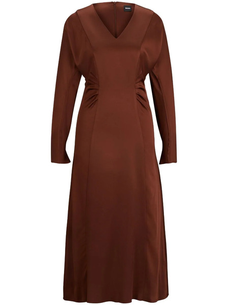  Boss V-neck Satin Midi Dress - Brown 