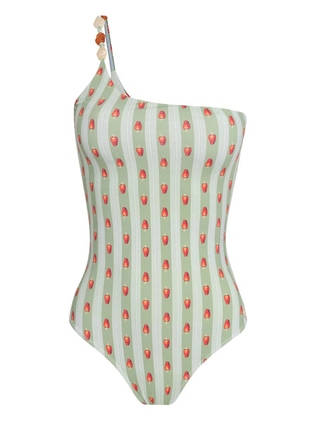  Brigitte One-shoulder Stripe Strawberry-print Swimsuit - Green 
