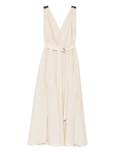  Brunello Cucinelli Belted V-neck Midi Dress - Neutrals 