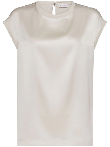  Brunello Cucinelli Cap-sleeve Satin-finish Blouse - White 