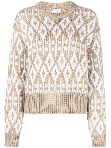  Brunello Cucinelli Crew Neck Printed Cashmere Jumper - Brown 