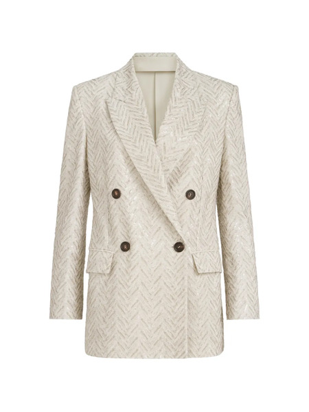 Brunello Cucinelli Dazzling Maxi Chevron Embroidery Blazer In Linen - Neutrals 