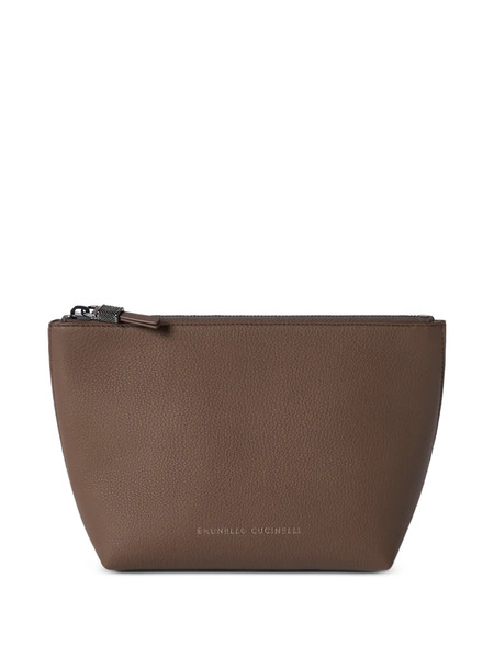  Brunello Cucinelli Grained Calfskin Pouch With Shiny Zipper Pull - Brown 
