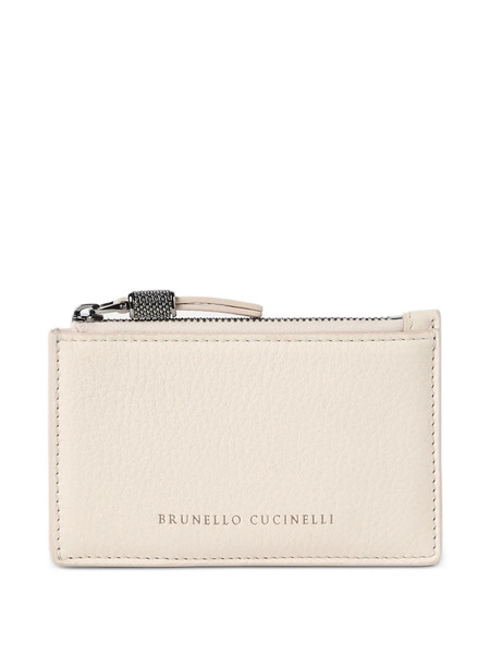  Brunello Cucinelli Grained Leather Card Case With Shiny Zipper Pull - Neutrals 