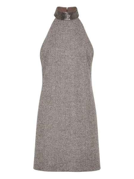  Brunello Cucinelli Halter-neck Herringbone Tweed Dress - Brown 