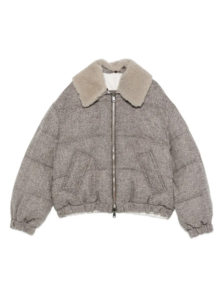  Brunello Cucinelli Herringbone-pattern Shearling-collar Jacket - Grey 