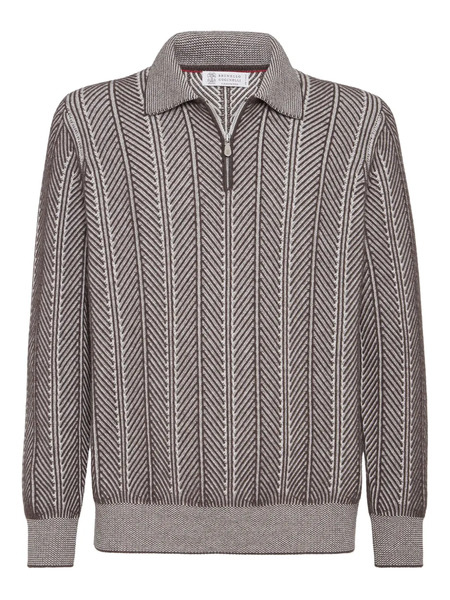  Brunello Cucinelli Herringbone-pattern Zipped Polo Shirt - Brown 