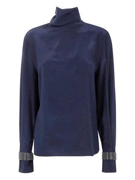  Brunello Cucinelli High-neck Embellished-cuff Blouse - Blue 