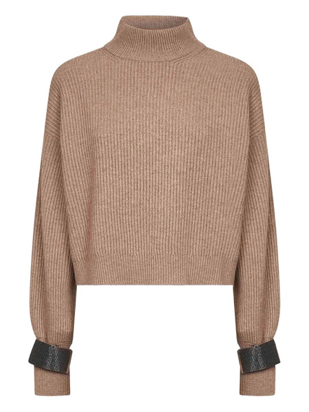  Brunello Cucinelli High-neck Embellished-cuff Sweater - Brown 