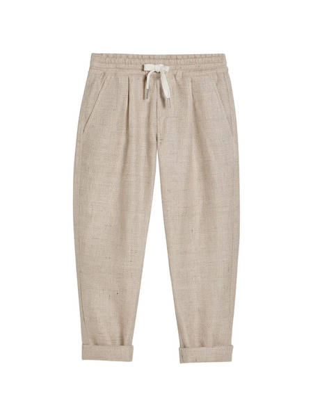  Brunello Cucinelli Kids Silk, Linen And Wool Hopsack Trousers With Drawstring And Pleats - Neutrals 