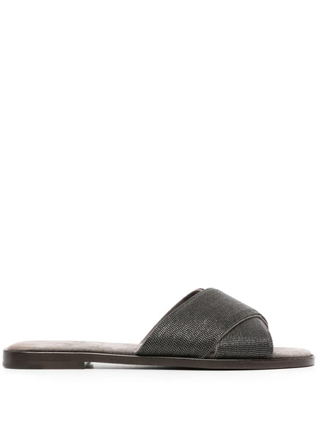  Brunello Cucinelli Monili-detail Crossover-straps Slides - Grey 