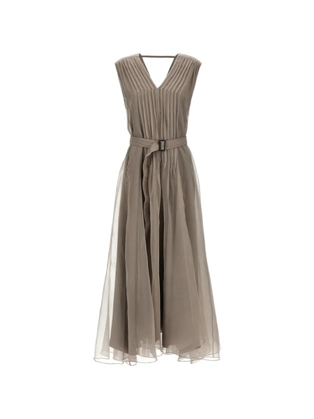  Brunello Cucinelli Pleated V-neck Silk Maxi Dress - Neutrals 