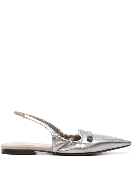  Brunello Cucinelli Pointed-toe Slingback Ballerina Shoes - Silver 