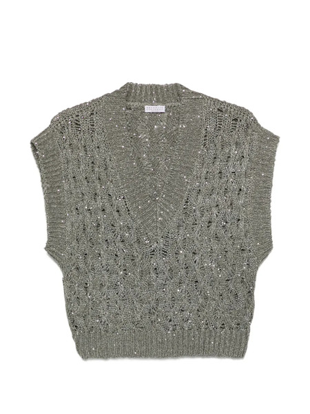  Brunello Cucinelli Sequin V-neck Knitted Vest - Grey 