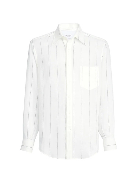  Brunello Cucinelli Stripe-pattern Chest-pocket Linen Shirt - White 