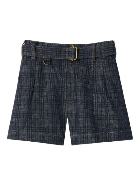  Burberry Belted Checked Denim Shorts - Blue 