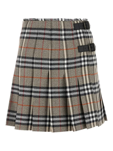  Burberry Check Wool Midi Kilt Skirt - Grey 