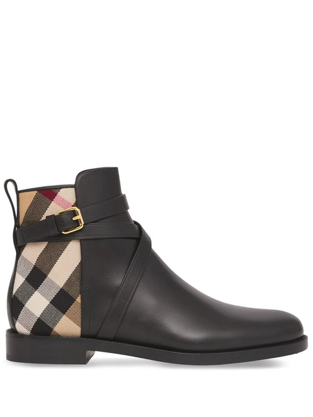  Burberry House Check Leather Ankle Boots - Black 