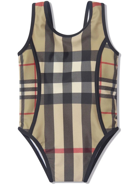  Burberry Kids Contrast Check Swimsuit - Brown 