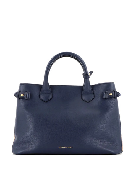  Burberry Pre-owned Banner Tote Leather And House Check Canvas Medium Satchel - Blue 