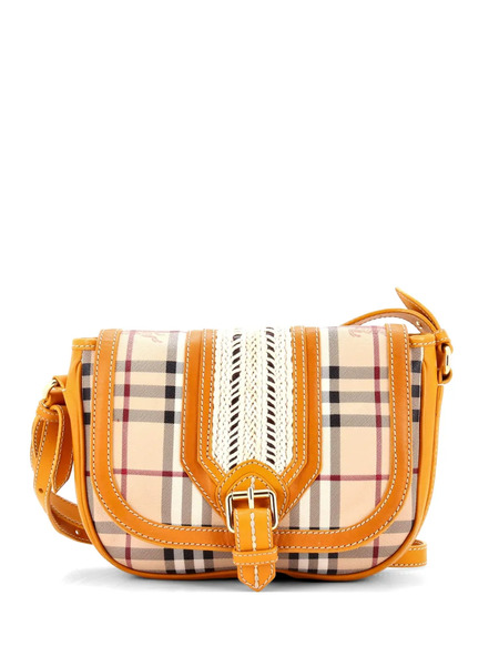  Burberry Pre-owned Buckle Flap Messenger Bag Haymarket Coated Canvas With Braided Leather Small Crossbody Bag - Brown 