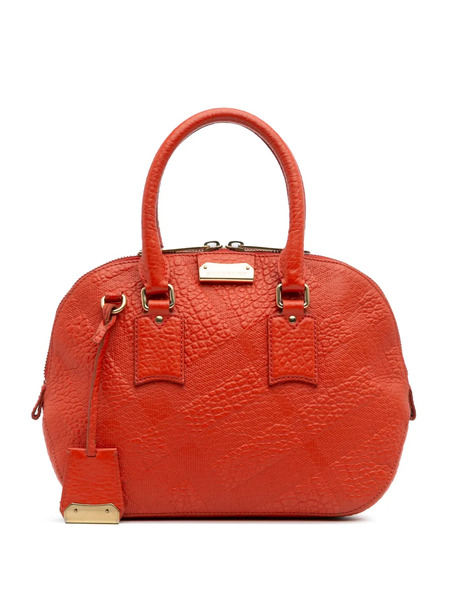  Burberry Pre-owned 2015-2025 Small Heritage Grain Check Embossed Leather Orchard Bowling Bag Satchel - Orange 