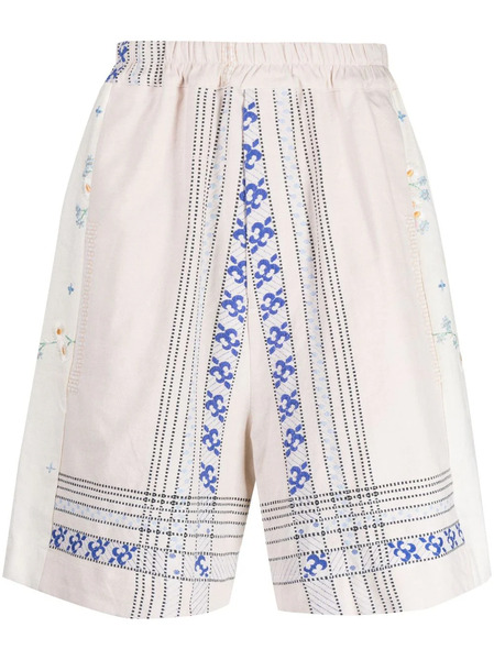  By Walid Embroidered Linen Drop-crotch Shorts - Neutrals 