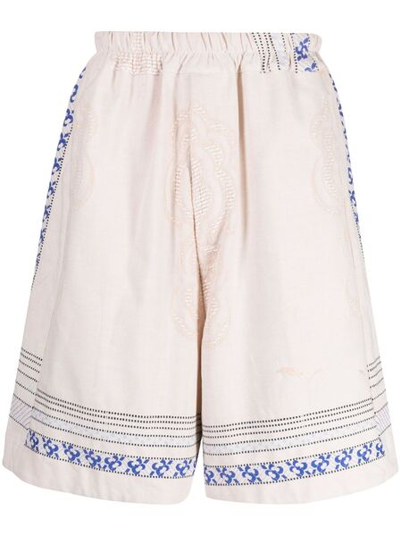  By Walid Floral-embroidered Linen Drop-crotch Shorts - Neutrals 