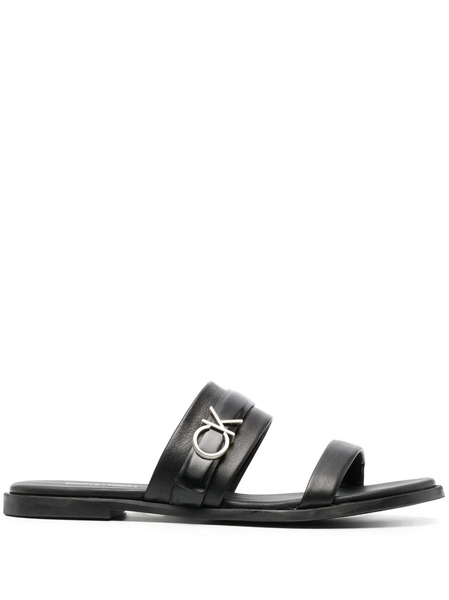  Calvin Klein Logo-lettering Flat Leather Sandals - Black 
