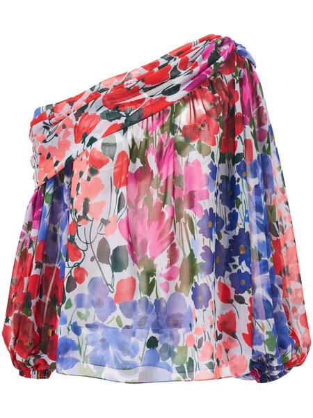  Carolina Herrera Jardin-print One-shoulder Top - Red 