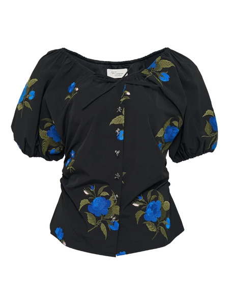  Caroline Hu Embroidered-rose Puff-sleeve Top - Black 