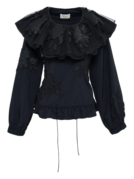  Caroline Hu Ruffle Embroidered Blouse - Black 