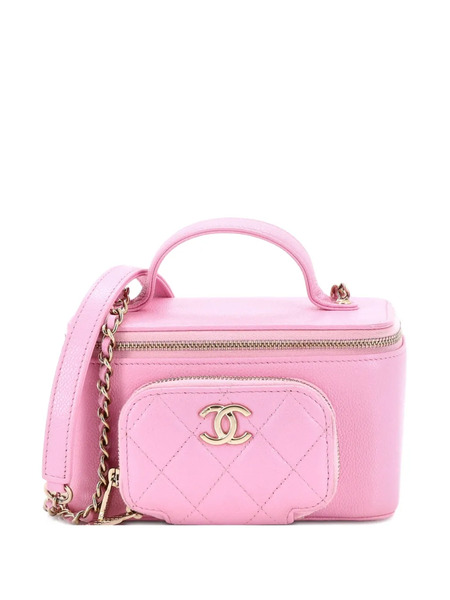  Chanel Pre-owned Business Affinity Top Handle Vanity Case With Chain Quilted Caviar Small Satchel - Pink 