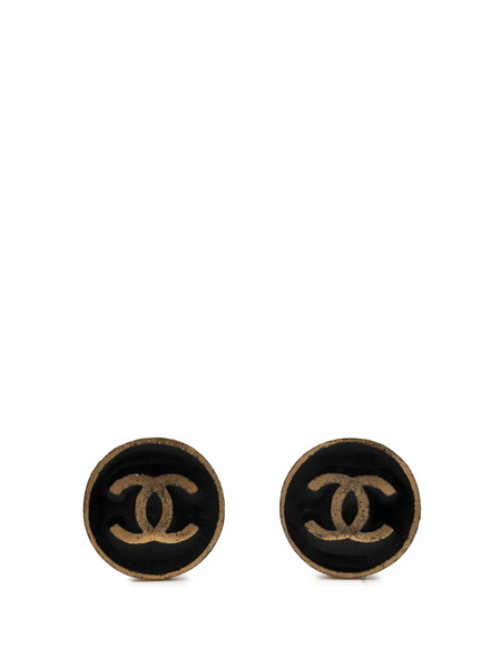  Chanel Pre-owned 2001 Cc Gold Plated And Enamel Round Button Clip On Earrings Costume Earrings - Black 