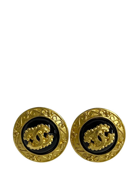  Chanel Pre-owned 1996 Cc Gold Plated And Enamel Round Button Clip On Earrings Costume Earrings - Black 