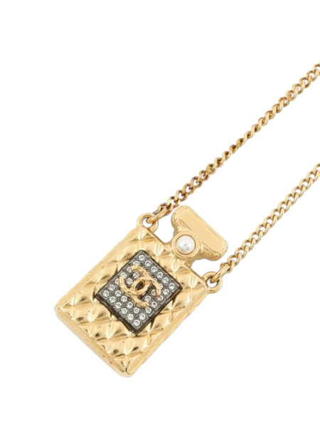  Chanel Pre-owned 2020 Cc Gold Plated Crystal And Faux Pearl Perfume Bottle Pendant Necklace Costume Necklace 