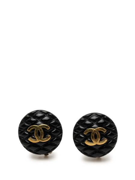  Chanel Pre-owned 1994 Cc Resin And Gold Plated Quilted Button Clip On Earrings Costume Earrings - Black 