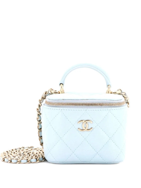  Chanel Pre-owned Classic Top Handle Vanity Case With Chain Quilted Lambskin Mini Crossbody Bag - Blue 