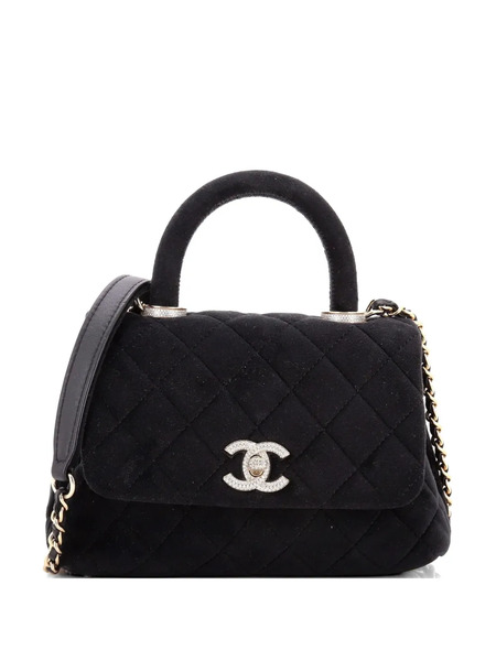  Chanel Pre-owned Coco Top Handle Bag Quilted Velvet With Crystal Detail Extra Mini Crossbody Bag - Black 